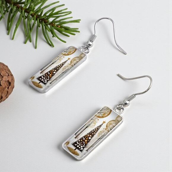 Stainless Steel Christmas Tree Earrings | Elegant Holiday Jewelry Glass Accents - Picture 3 of 14